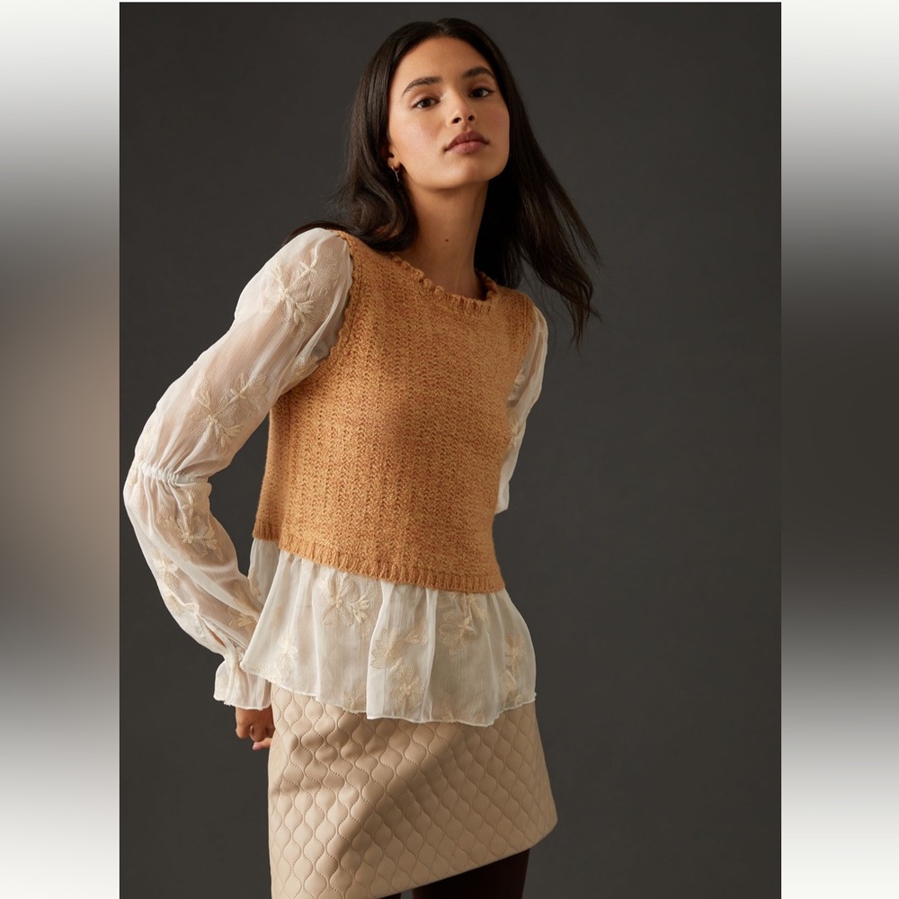 Anthropologie Layered Sweater Vest Knit Top Embroidered Sleeves Women Large - Picture 12 of 14